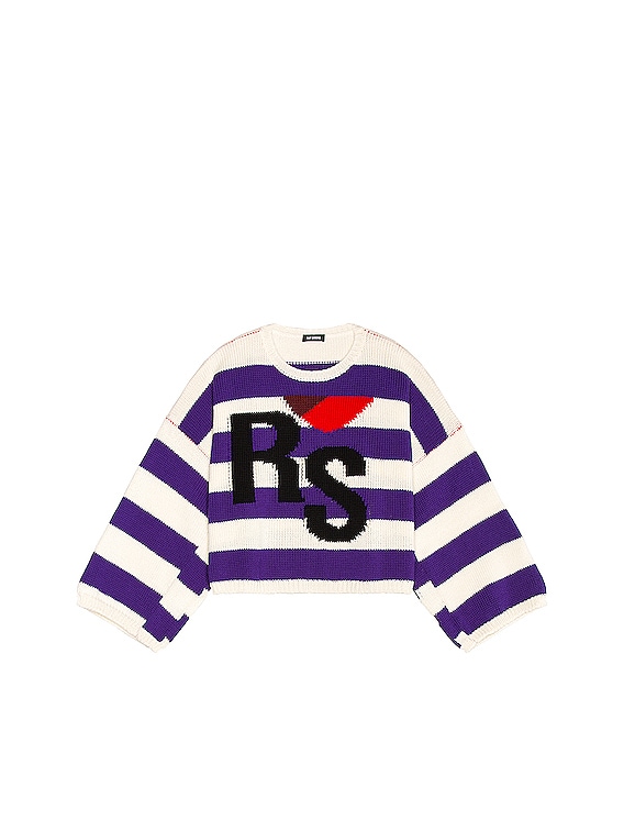 Raf Simons Striped Cropped RS Sweater in Royal Blue & Borken White 