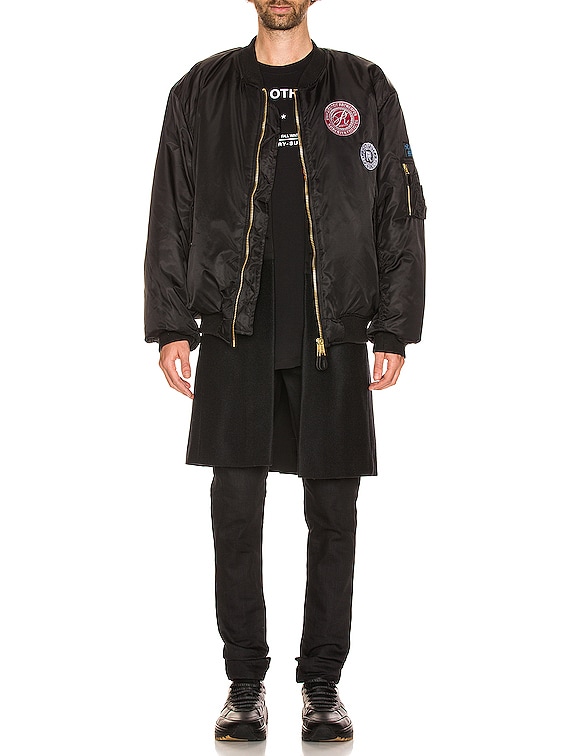 Raf Simons Nylon Patched Bomber With Wool Elongation in Black | FWRD