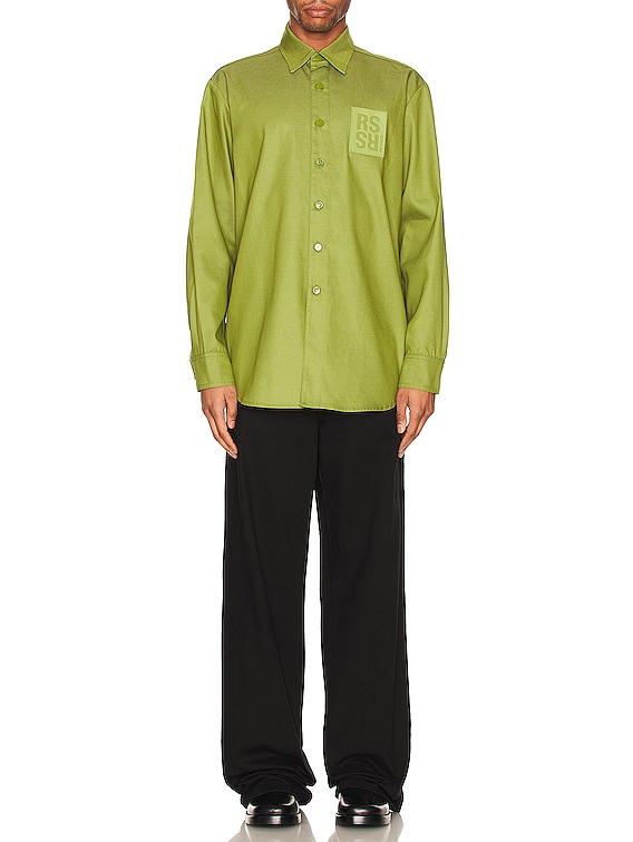 ★RAF SIMONS★ Straight Fit Denim Shirt Green 231M2421500100 Raf Simons Straight Fit Denim Shirt With Leather Patch in