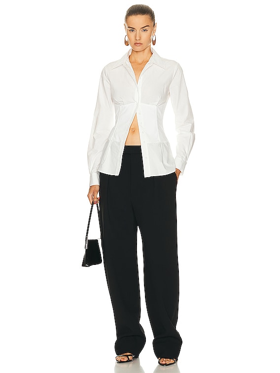 White Solid Poplin Trompe L'oeil Corset Round Collar Shirt