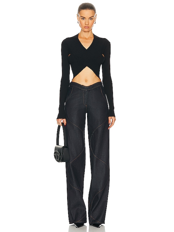 RTA Long Sleeve Cropped Knit Top in Black