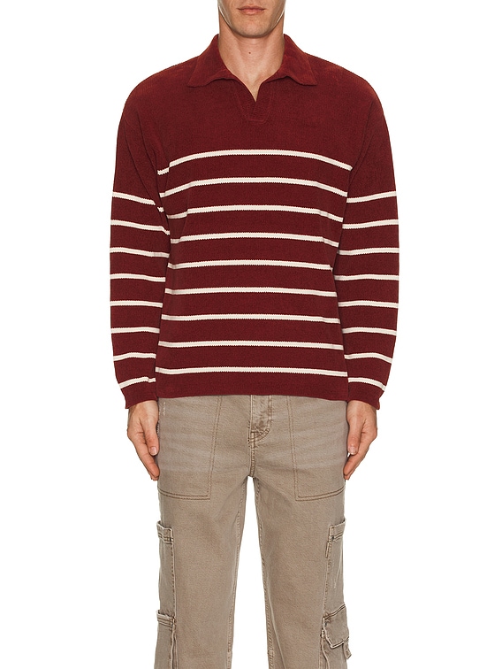 SSK　NYC polo SATURDAYS NYC Mole Yarn Stripe Skipper Knit Polo in Brick | FWRD