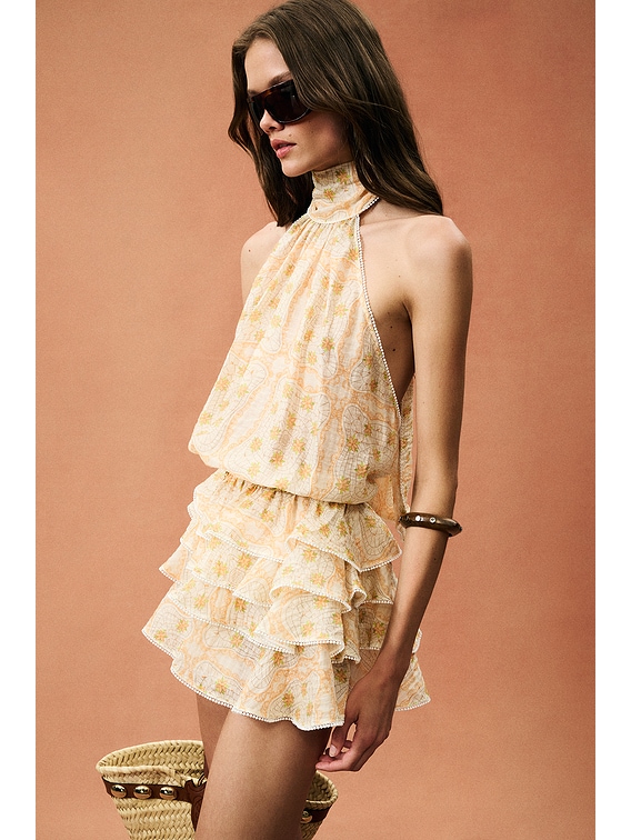 yellow halter mini dress Ocean Sun Ruched sides on skirt for FWRD Halter Mini Dress