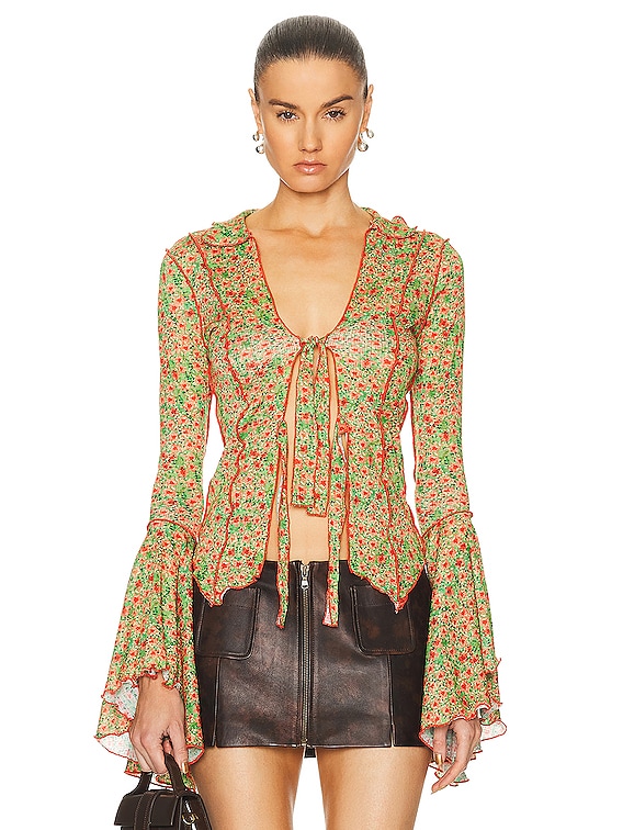 SIEDRES Zee Fluted Sleeve Tie Front Shirt in Multi | FWRD