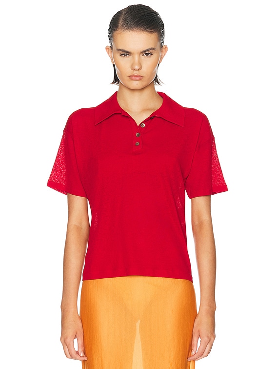 SIEDRES Leo Semi Sheer Polo Top in Red | FWRD