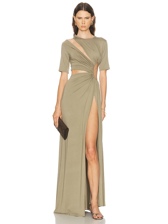Sid Neigum Gathered Slit Maxi Dress in Olive | FWRD Sid Neigum Gathered Slit Maxi Dress in Olive | FWRD