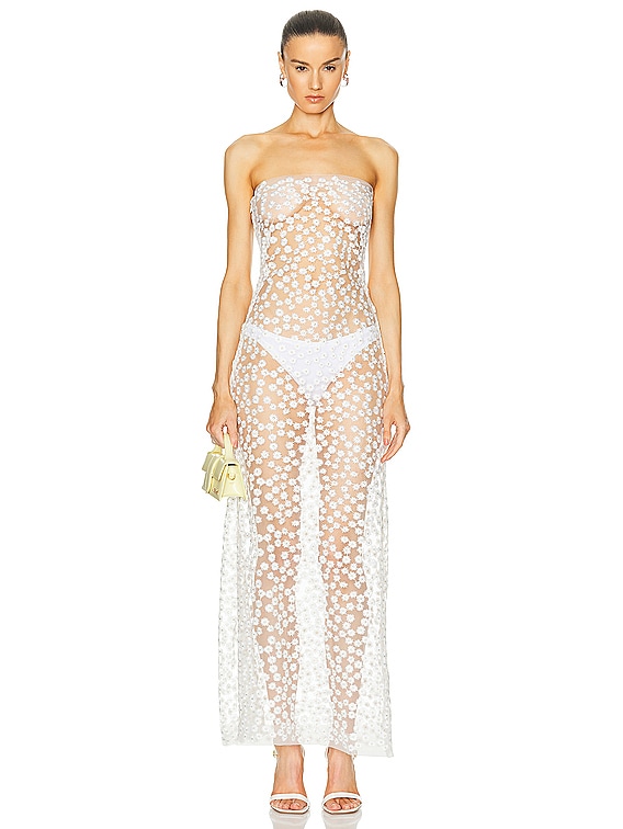 Sheer Floral Embroidered Strapless Dress