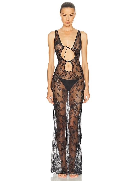 SKIMS Ultra Fine Lace Long Slip Dress in Onyx | FWRD SKIMS Ultra Fine Lace Long Slip Dress in Onyx | FWRD