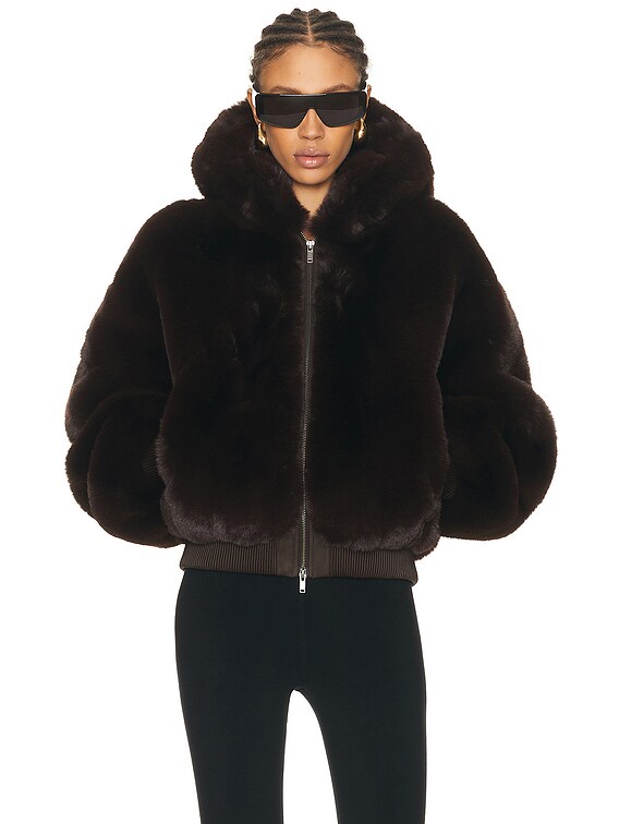 SKIMS Ski Faux Fur Shrunken Zip Up Jacket in Espresso | FWRD