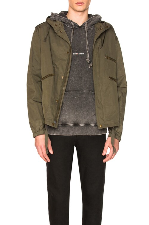 Saint Laurent Hooded Military Jacket in Olive Green | FWRD