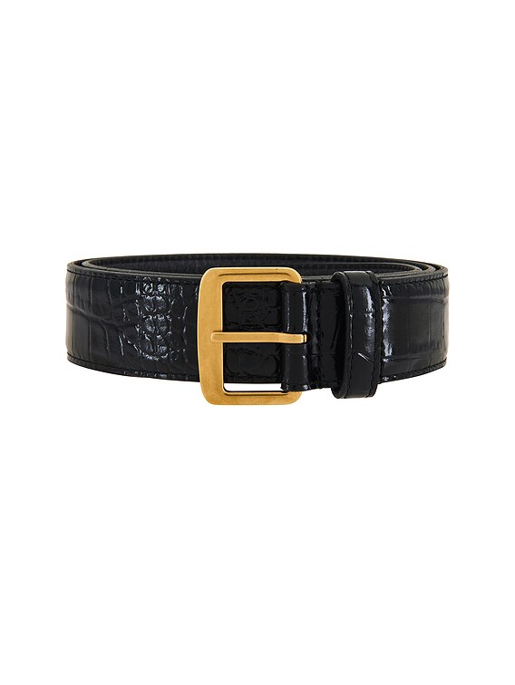 Saint Laurent Croc Embossed Belt in Nero | FWRD display picture 1
