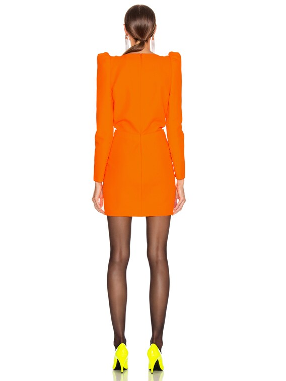 Saint Laurent Deep V Neck Long Sleeve Mini Dress in Mandarine Fluo | FWRD
