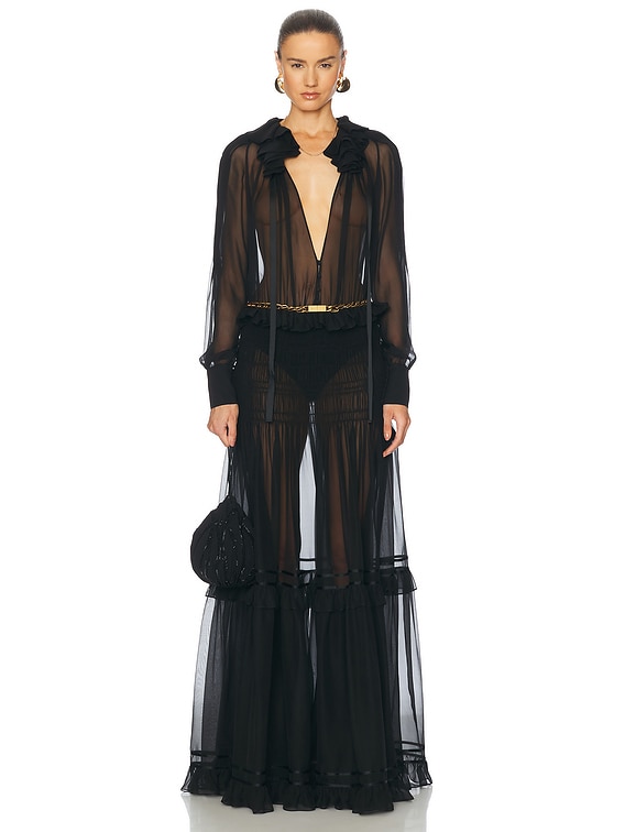 ワンピース Saint Laurent LONG DRESS (756782Y7F98 1000) Saint Laurent Sheer Maxi Dress in Noir | FWRD