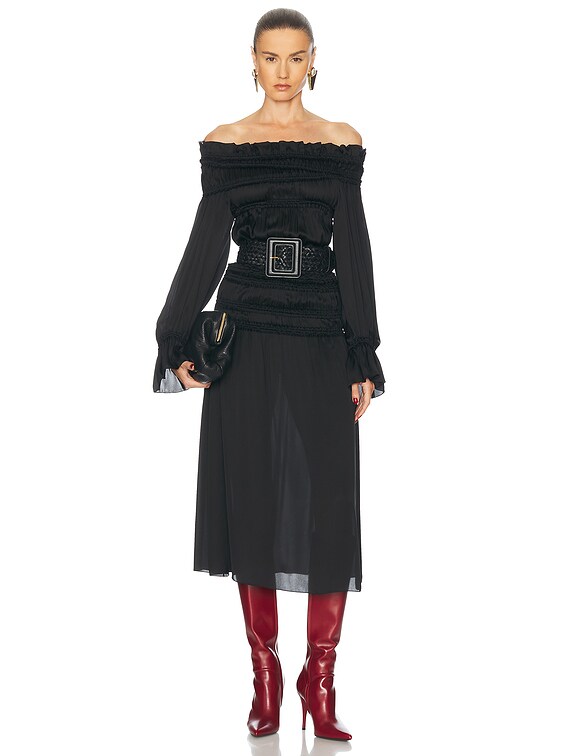 ワンピース Saint Laurent Off-The-Shoulder Dress SAINT LAURENT Off-the-shoulder ruffled cotton-twill mini