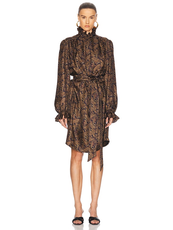 ワンピース SAINT LAURENT Printed Silk Mini Dress Saint Laurent Belted Mini Dress in Navy Multicolore | FWRD