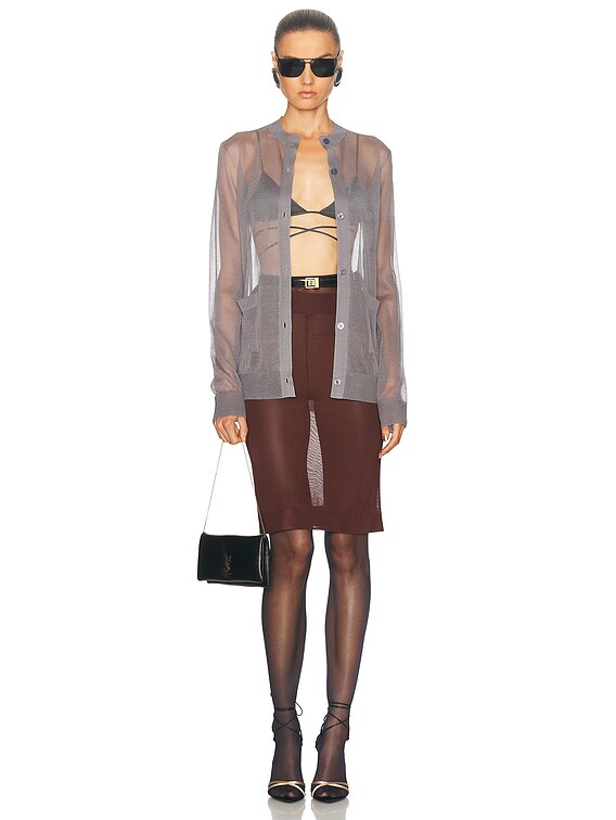 YSL グレー ニットカーディガン イヴ・サンローラン Saint Laurent Sheer Cardigan in Gris Acier | FWRD