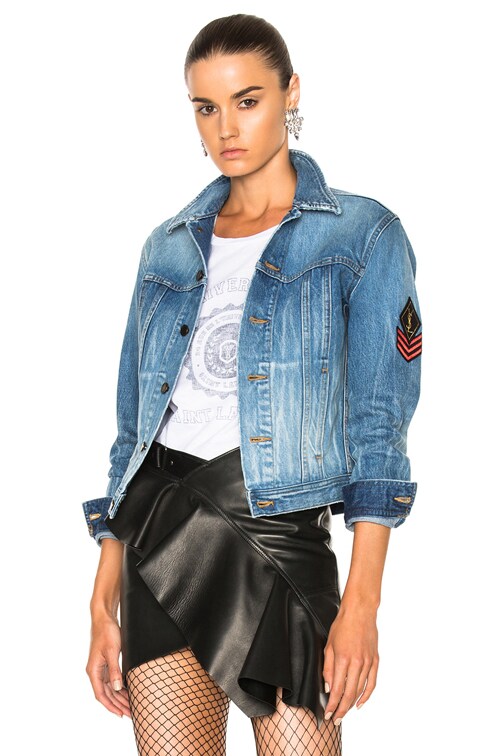Saint Laurent Patch Denim Jacket in Blue Shadow Wash | FWRD