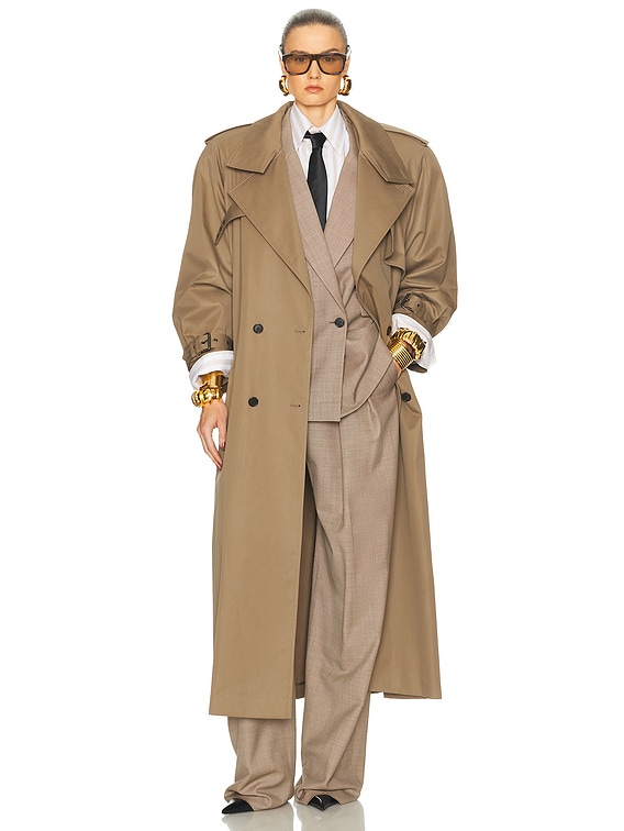 Saint Laurent Belted Trench Coat in Taupe Plaza | FWRD