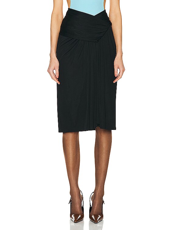 Saint Laurent Jersey Ruched Midi Skirt in Noir | FWRD