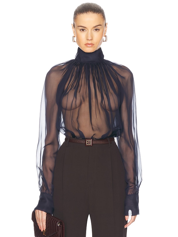 Saint Laurent Long Sleeve Blouse in Midnight Blue | FWRD