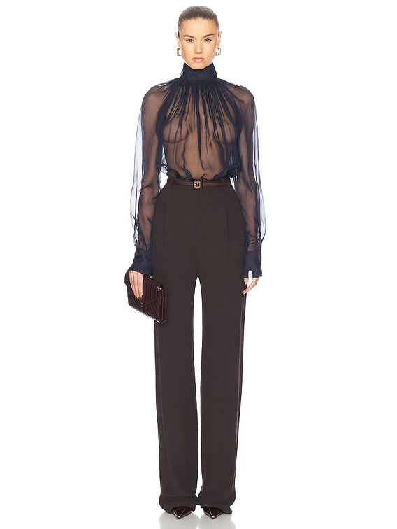 Saint Laurent Long Sleeve Blouse in Midnight Blue | FWRD