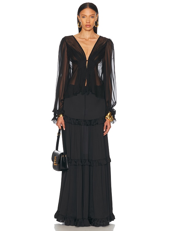 Saint Laurent Sheer Tie Front Blouse in Noir | FWRD