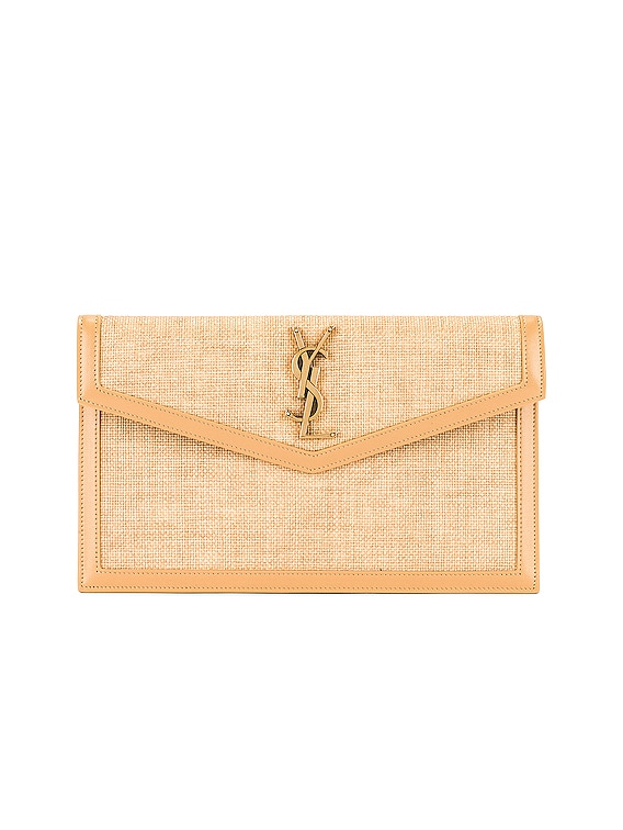 Uptown leather-trimmed raffia pouch