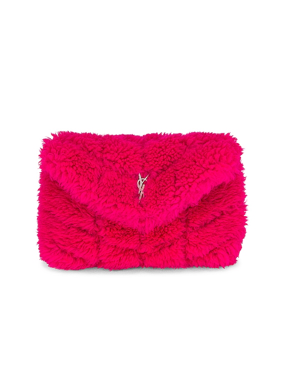 Saint Laurent Small Shearling Puffer Pouch in Fuchsia