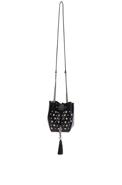 Saint Laurent Monogram All Over Bucket Bag In Studded Suede in Black