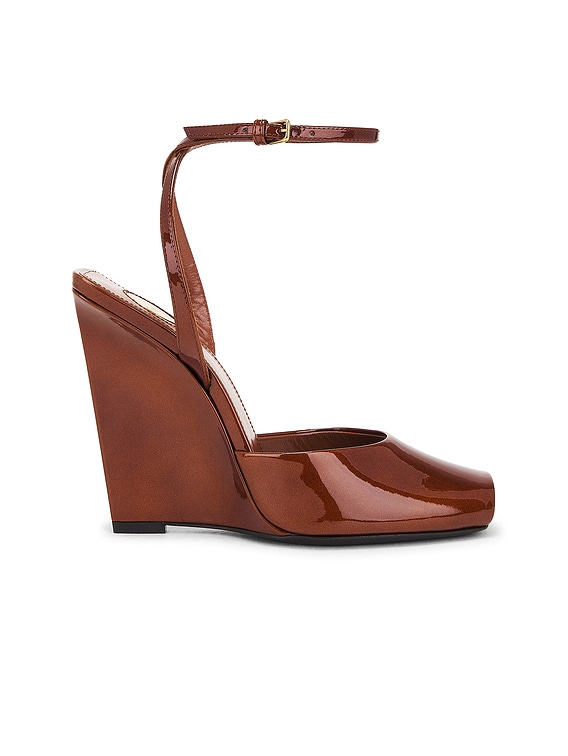 ysl Saint Laurent Orhand Peep Toe Wedge in Fluffy Chataigne | FWRD