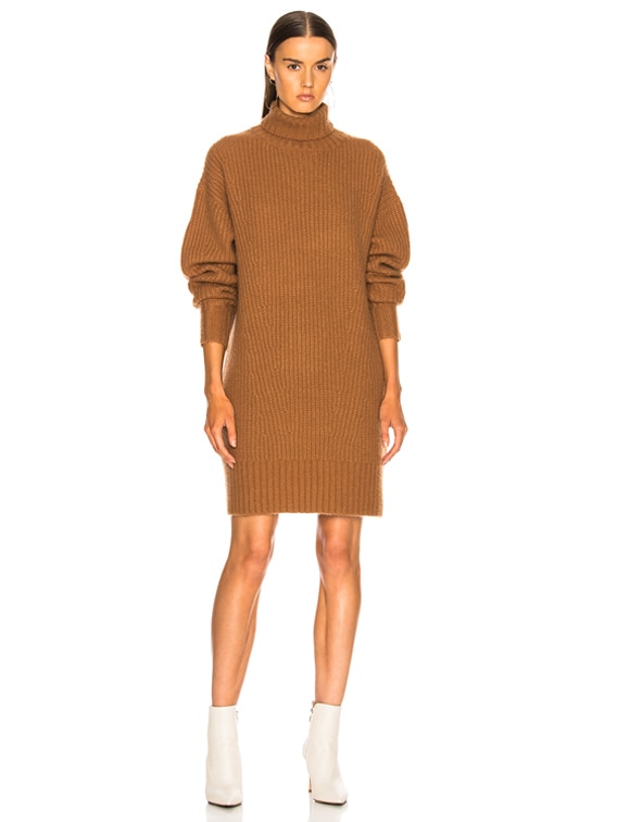 camel turtleneck sweater dress