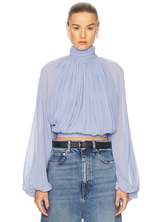 Stella McCartney Creponne Drape High Neck Top in Periwinkle | FWRD Stella McCartney Creponne Drape High Neck Top in Periwinkle | FWRD