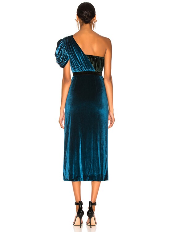 self-portrait One Shoulder Velvet Midi Dress in Green & Teal | FWRD