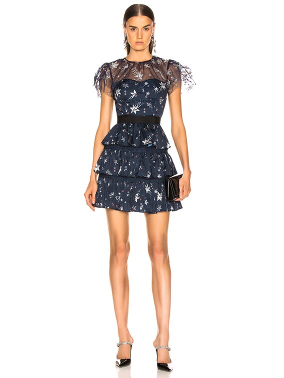 self-portrait Tiered Star Mesh Printed Mini Dress in Navy | FWRD