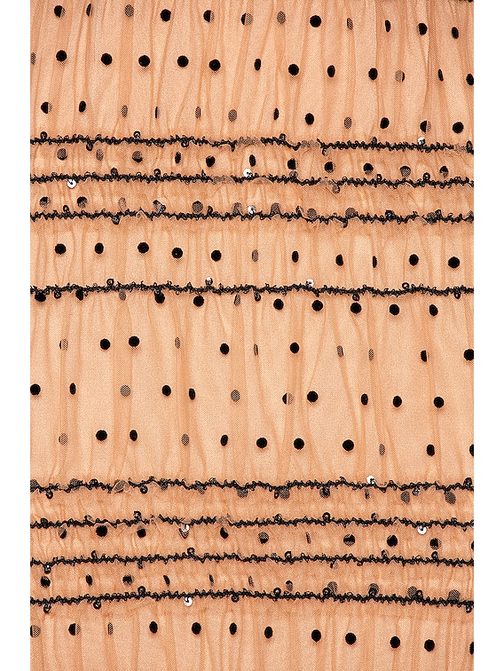 self-portrait Shirred Polka Dot Midi Dress in Nude & Black | FWRD self-portrait Shirred Polka Dot Midi Dress in Nude & Black | FWRD