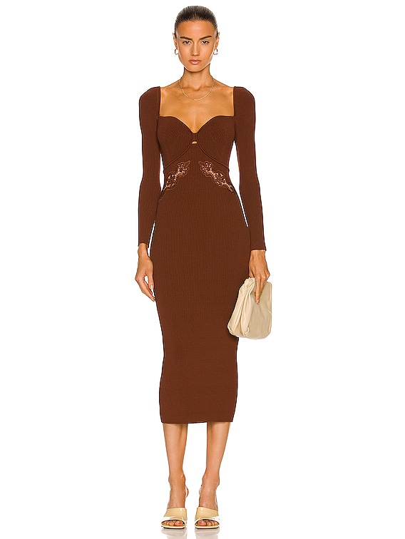 self-portrait Lace Rib Knit Dress in Caramel | FWRD