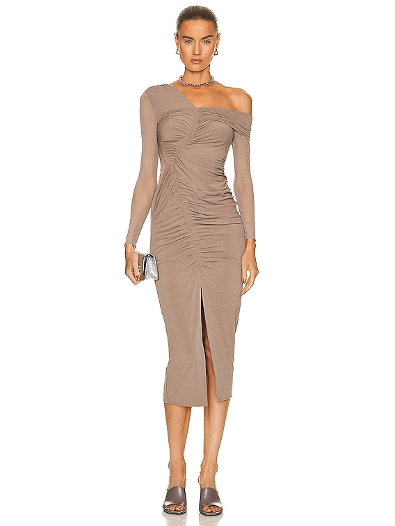 self-portrait Jersey One Shoulder Ruched Midi Dress in Taupe | FWRD