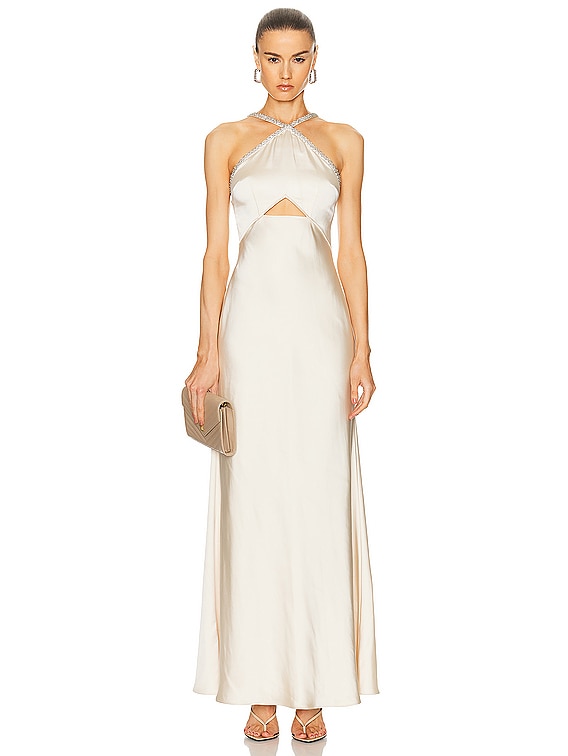 self-portrait Satin Diamante Maxi Dress in Champagne | FWRD