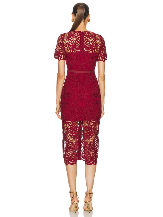 self-portrait Guipure Lace Button Midi Dress in Red | FWRD self-portrait Guipure Lace Button Midi Dress in Red | FWRD