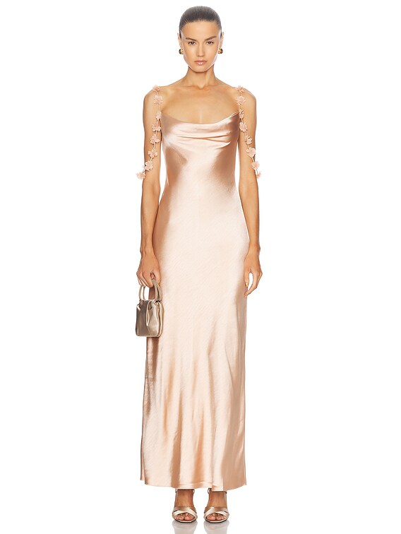 self-portrait Satin Flower Maxi Dress in Beige | FWRD self-portrait Satin Flower Maxi Dress in Beige | FWRD