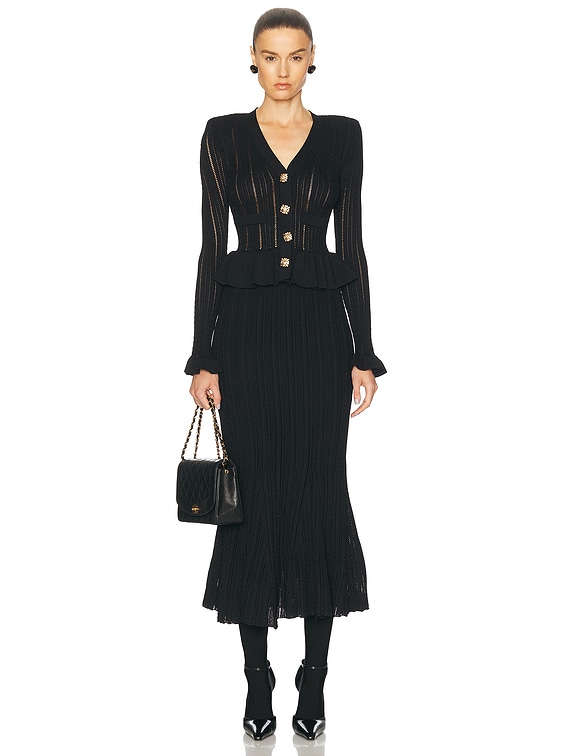 self-portrait Knit Peplum Midi Dress in Black | FWRD