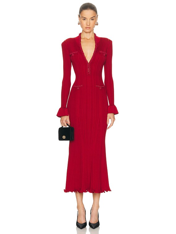 Self-Portrait Red Pearl Trim Knit Midi Dress in Red - Size L