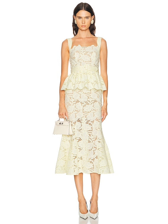 self-portrait Lace Peplum Midi Dress in Yellow | FWRD self-portrait Lace Peplum Midi Dress in Yellow | FWRD