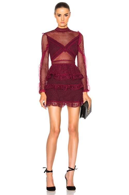 self-portrait Dot Mesh Tiered Mini Dress in Burgundy | FWRD