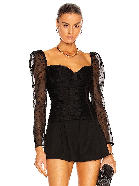 self-portrait Dot Mesh Gathered Top in Black | FWRD