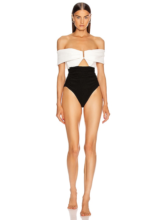 Monochrome Ruched Off Shoulder Swimsuit