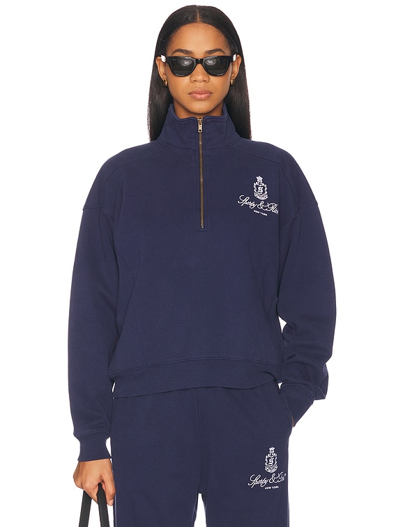Sporty & Rich Vendome Embroidered Quarter Zip Sweater in Dark Navy