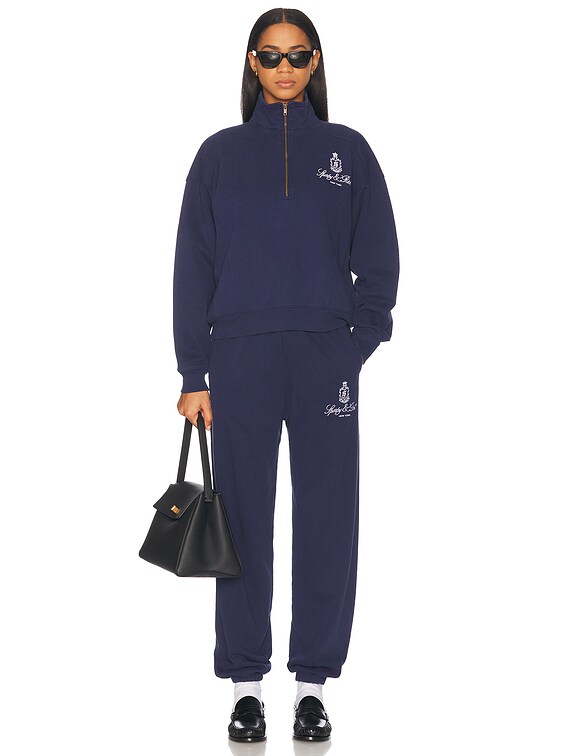 Sporty & Rich Vendome Embroidered Quarter Zip Sweater in Dark Navy