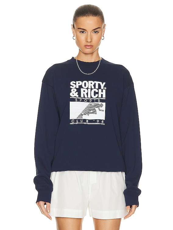 ★Sporty & Rich★ Motion Club Crew Neck Sweatshirt Navy Whit Sporty & Rich Motion Club Crewneck Sweatshirt in Navy
