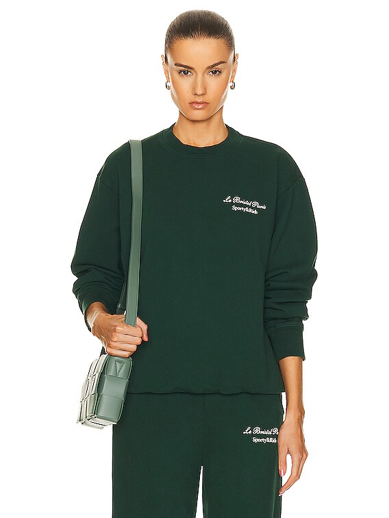 Sporty & Rich X Le Bristol Paris Faubourg Crewneck Sweater in Forest Green  Cream